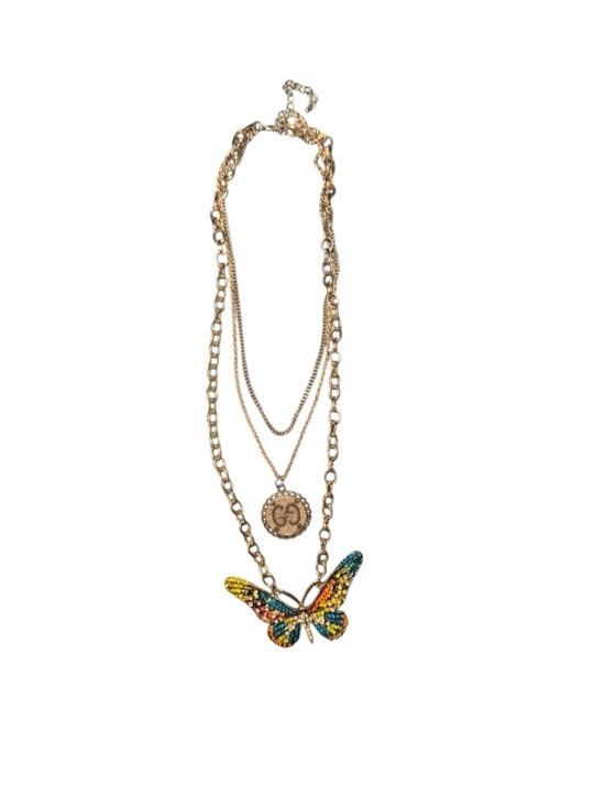 Jewelry - Layered Gold Necklace with Multicolor Crystal Butterfly Pendant